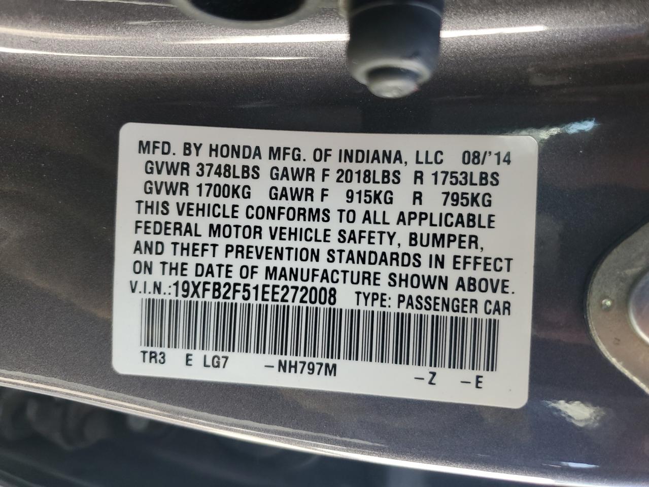2014 Honda Civic Lx VIN: 19XFB2F51EE272008 Lot: 71717485