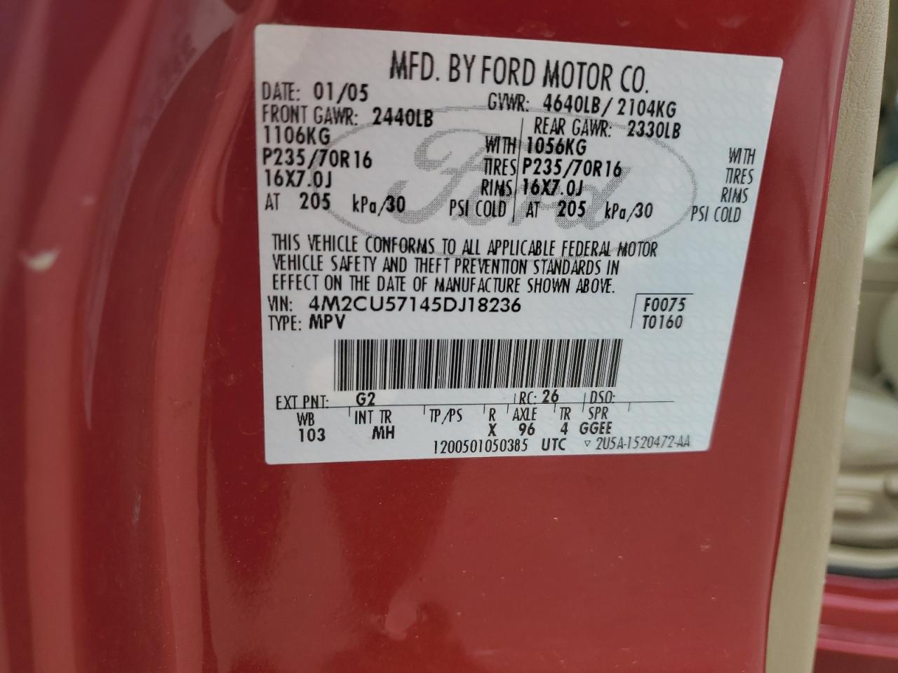 2005 Mercury Mariner VIN: 4M2CU57145DJ18236 Lot: 81179105