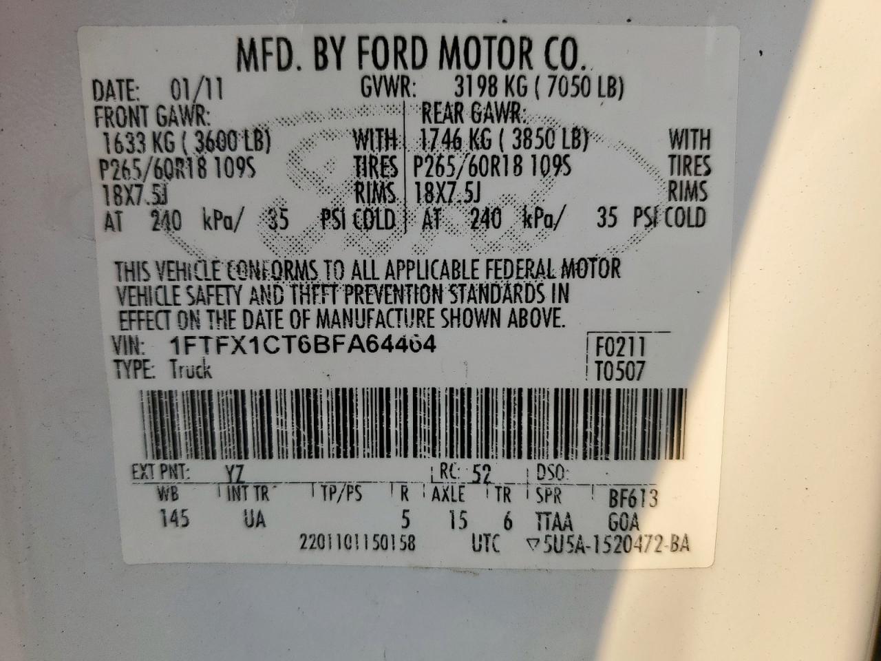 2011 Ford F150 Super Cab VIN: 1FTFX1CT6BFA64464 Lot: 81035965