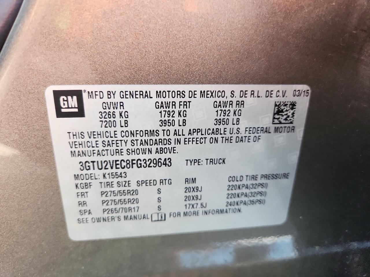 2015 GMC Sierra K1500 Slt VIN: 3GTU2VEC8FG329643 Lot: 72006095