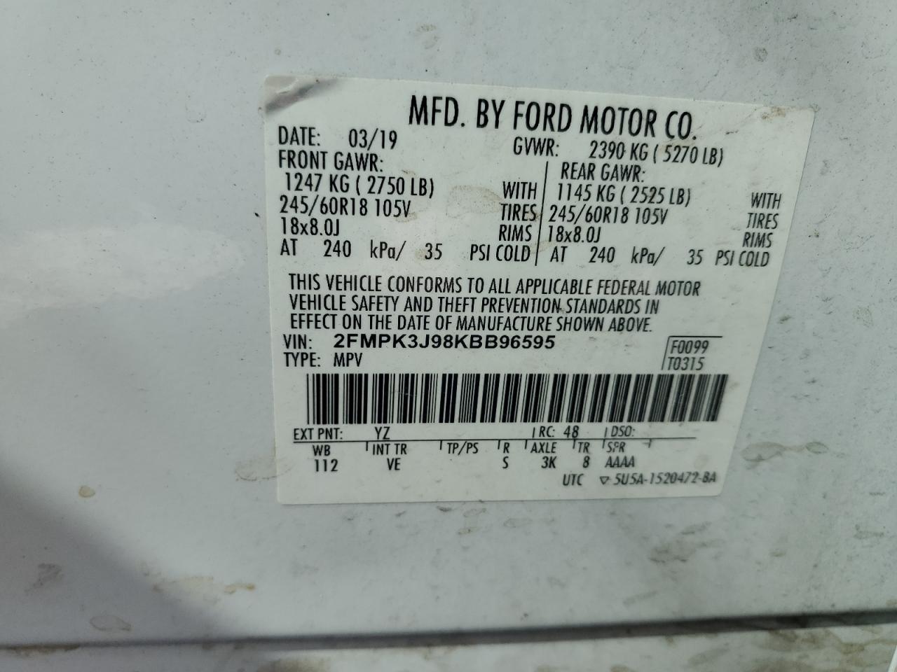 2019 Ford Edge Sel VIN: 2FMPK3J98KBB96595 Lot: 71233085