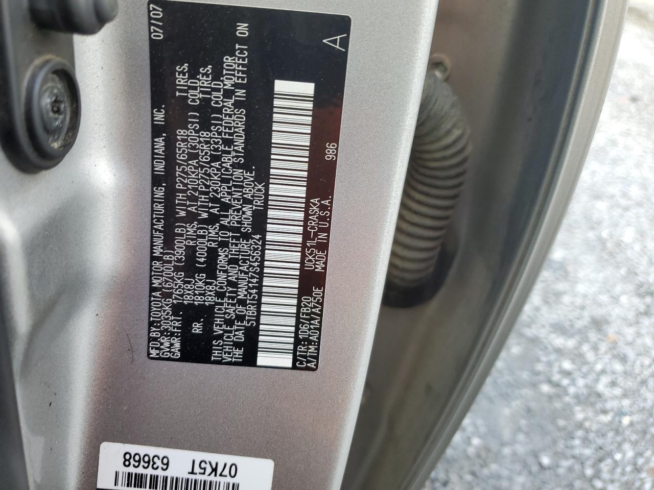 2007 Toyota Tundra Double Cab Sr5 VIN: 5TBRT54147S456324 Lot: 83990735