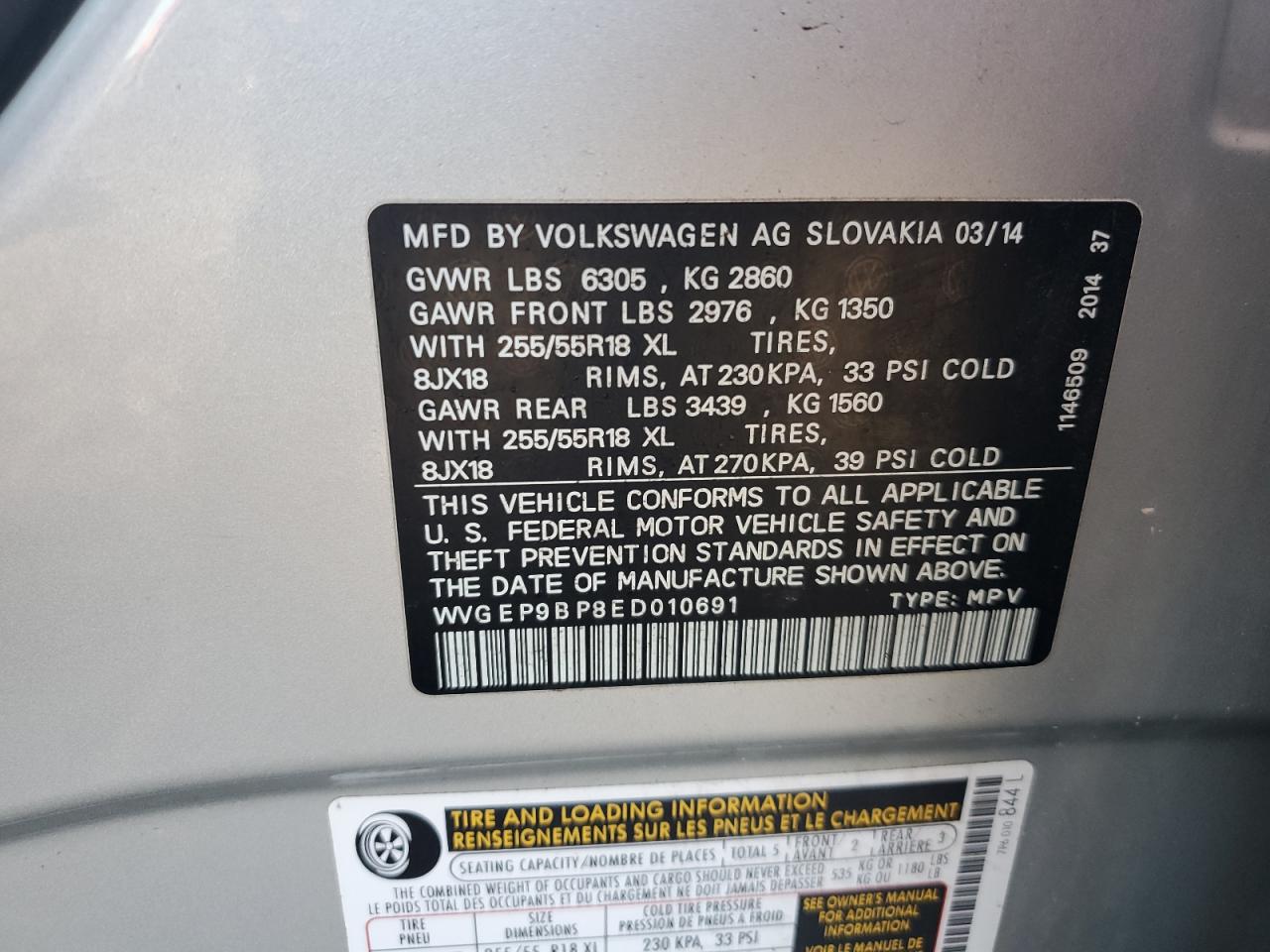 2014 Volkswagen Touareg V6 Tdi VIN: WVGEP9BP8ED010691 Lot: 81840945
