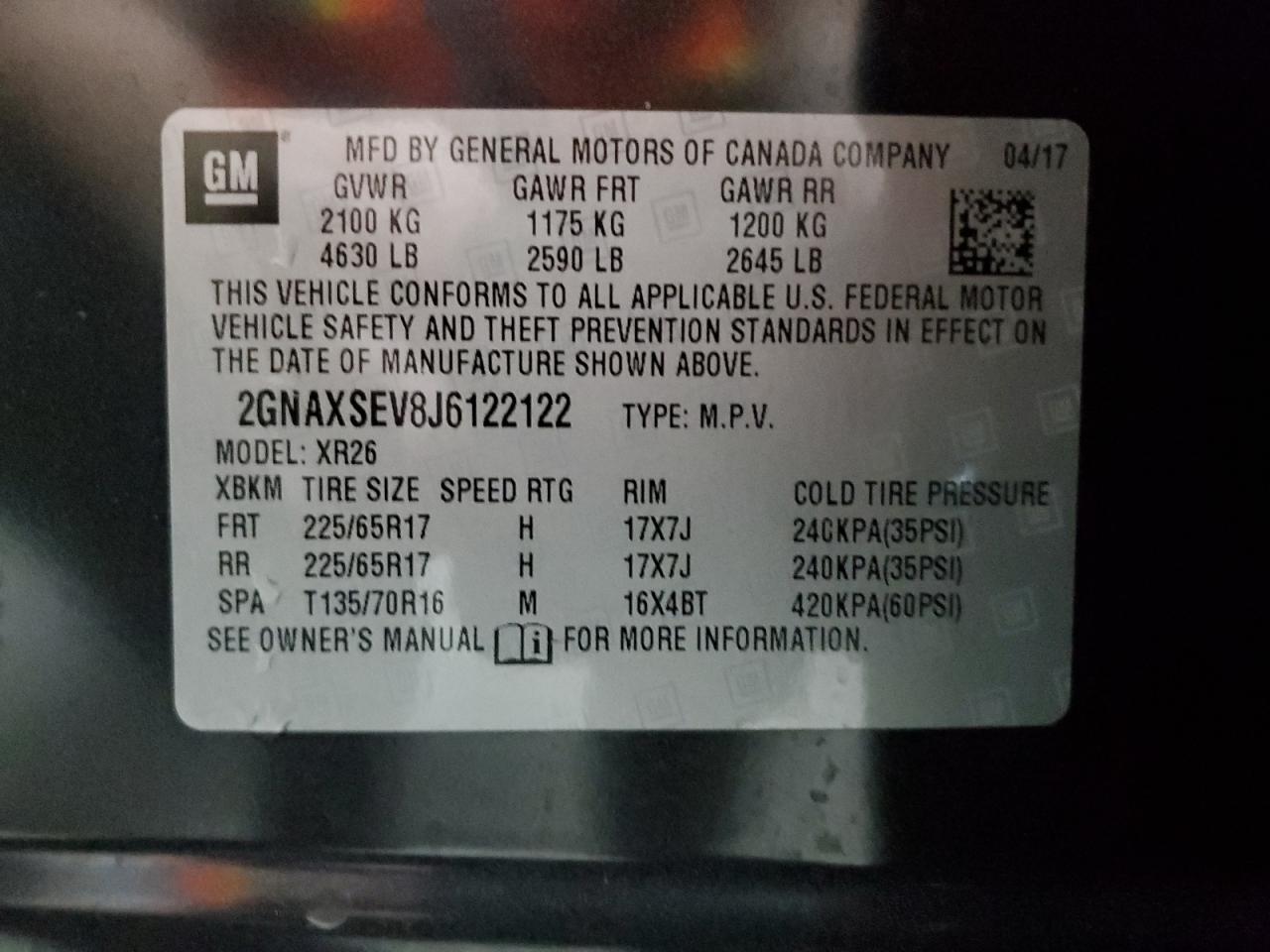 2018 Chevrolet Equinox Lt VIN: 2GNAXSEV8J6122122 Lot: 81439995