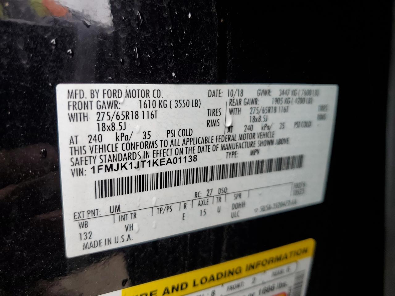 2019 Ford Expedition Max Xlt VIN: 1FMJK1JT1KEA01138 Lot: 80257705