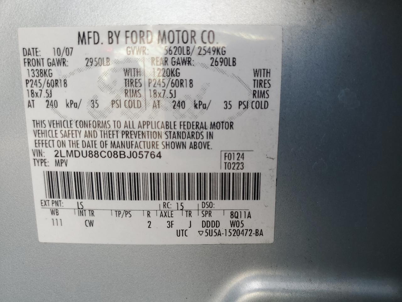 2008 Lincoln Mkx VIN: 2LMDU88C08BJ05764 Lot: 80701315