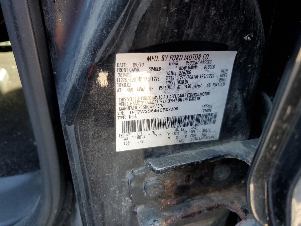 2011 Ford F250 Super Duty VIN: 1FT7W2B64BEB07309 Lot: 81134305