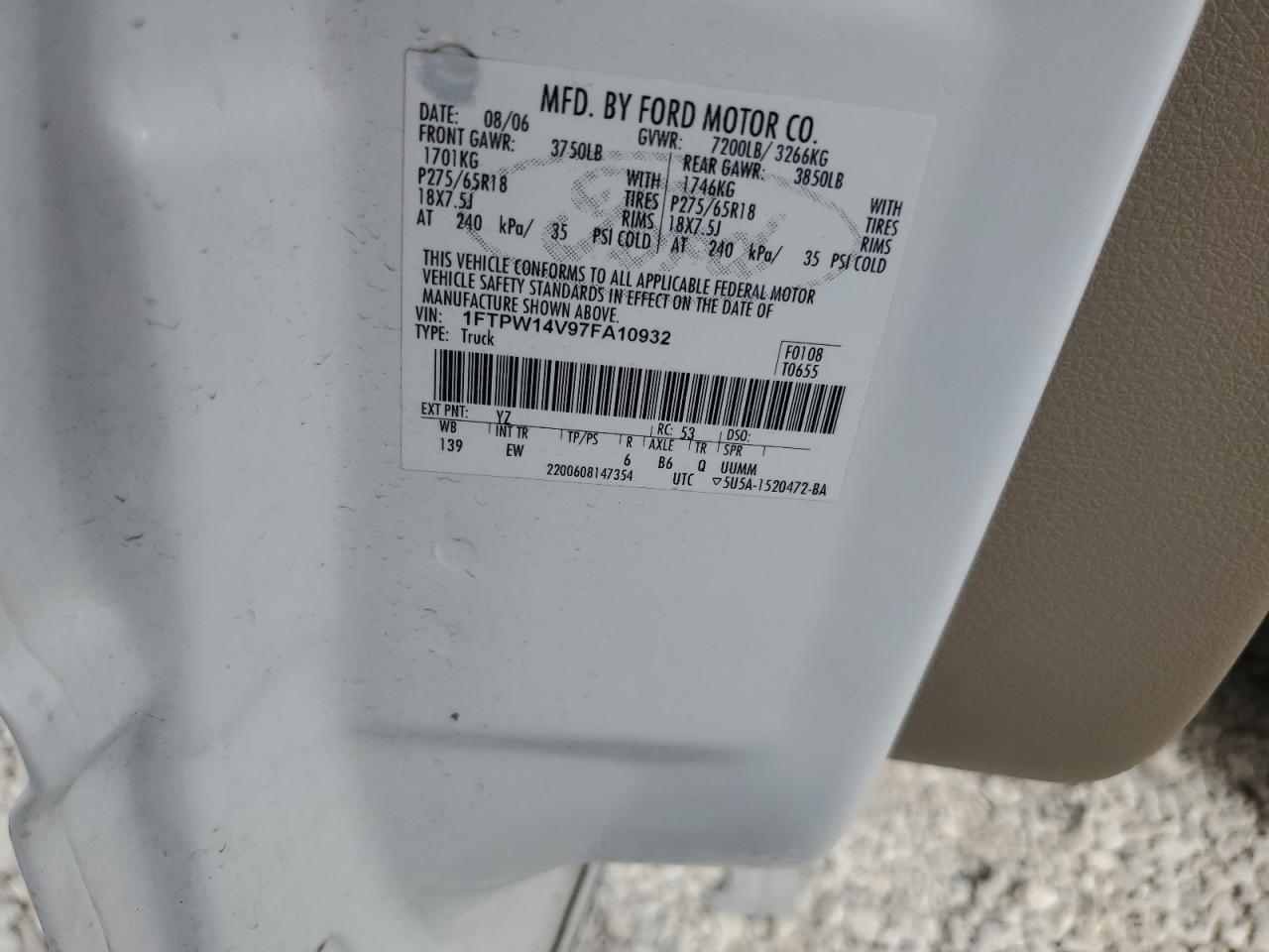 2007 Ford F150 Supercrew VIN: 1FTPW14V97FA10932 Lot: 84449275