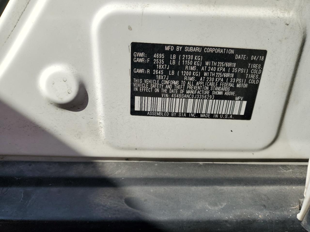 2018 Subaru Outback 2.5I Limited VIN: 4S4BSANC0J3356293 Lot: 71276375