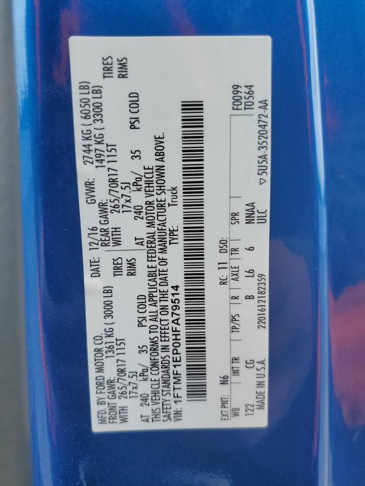 2017 Ford F150 VIN: 1FTMF1EP0HFA79514 Lot: 70809025