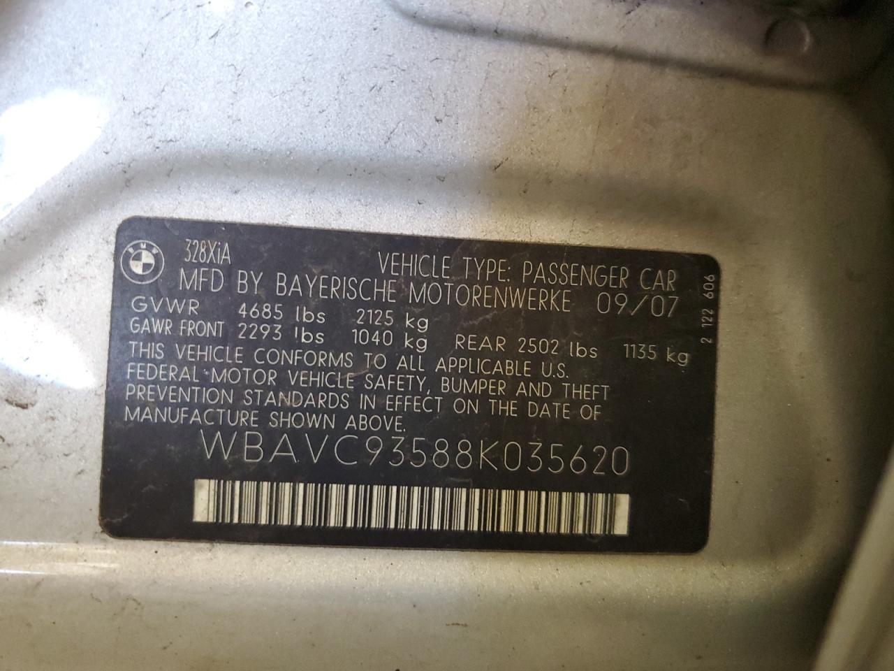 2008 BMW 328 Xi VIN: WBAVC93588K035620 Lot: 83779035