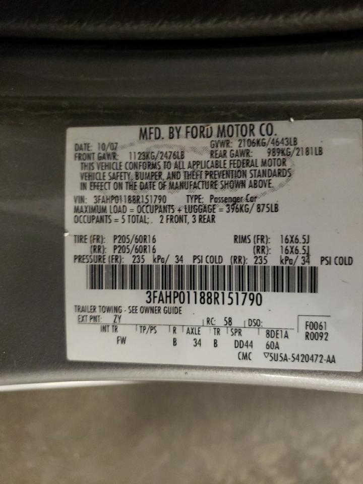 2008 Ford Fusion Se VIN: 3FAHP01188R151790 Lot: 81103565