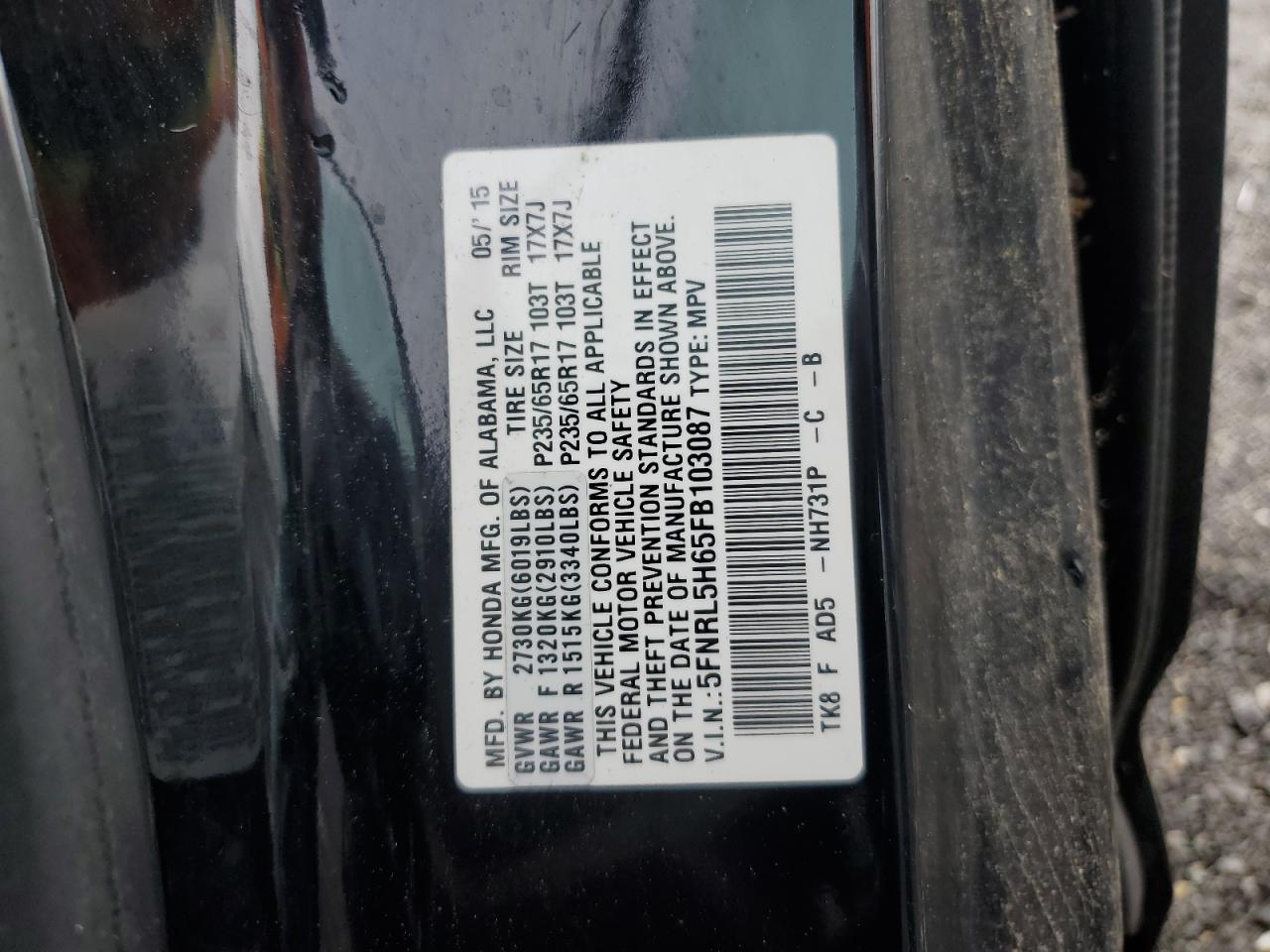 2015 Honda Odyssey Exl VIN: 5FNRL5H65FB103087 Lot: 81062935