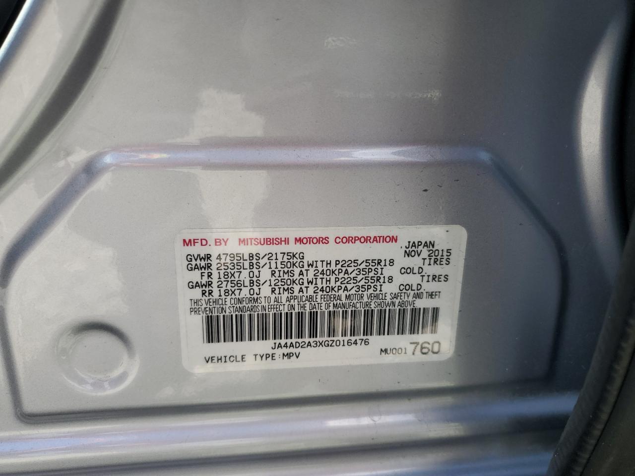 2016 Mitsubishi Outlander Es VIN: JA4AD2A3XGZ016476 Lot: 81508375