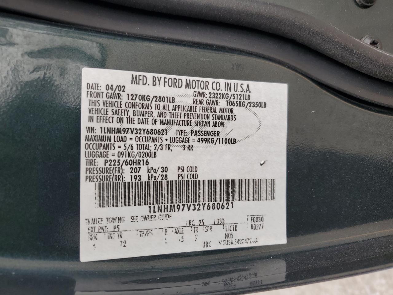 2002 Lincoln Continental VIN: 1LNHM97V32Y680621 Lot: 71515575