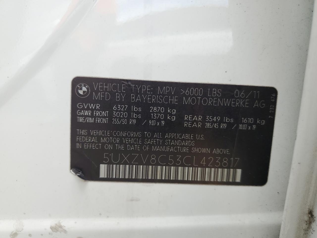 2012 BMW X5 xDrive50I VIN: 5UXZV8C53CL423817 Lot: 82123965