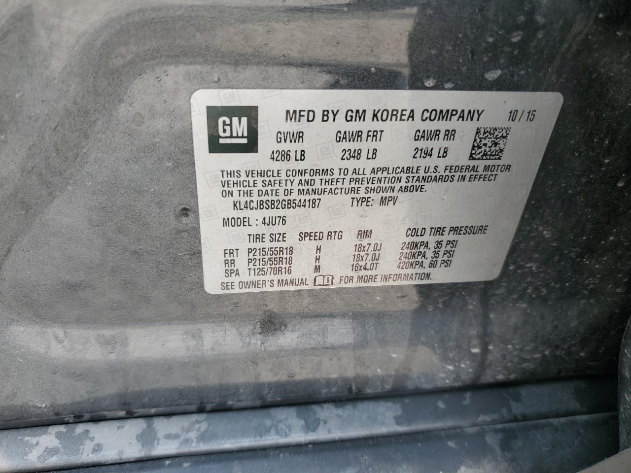 2016 Buick Encore Convenience VIN: KL4CJBSB2GB544187 Lot: 71697535