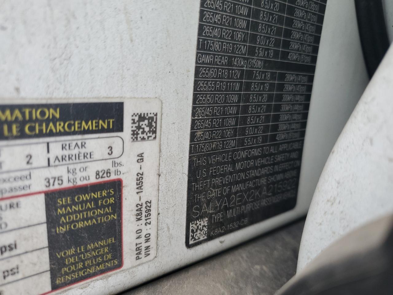 2019 Land Rover Range Rover Velar VIN: SALYA2EX2KA215922 Lot: 84406625