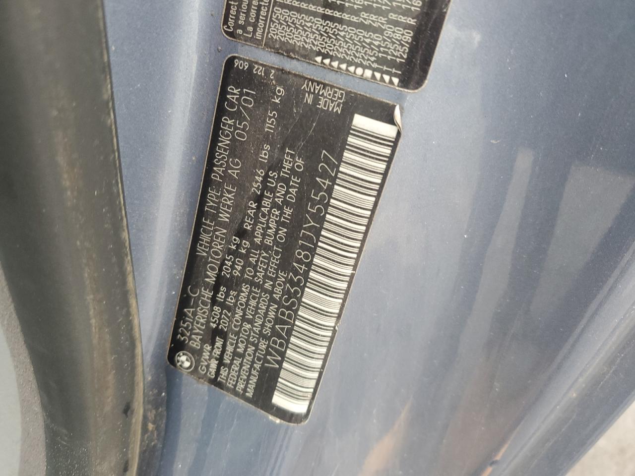 2001 BMW 325 Ci VIN: WBABS33481JY55427 Lot: 84545335