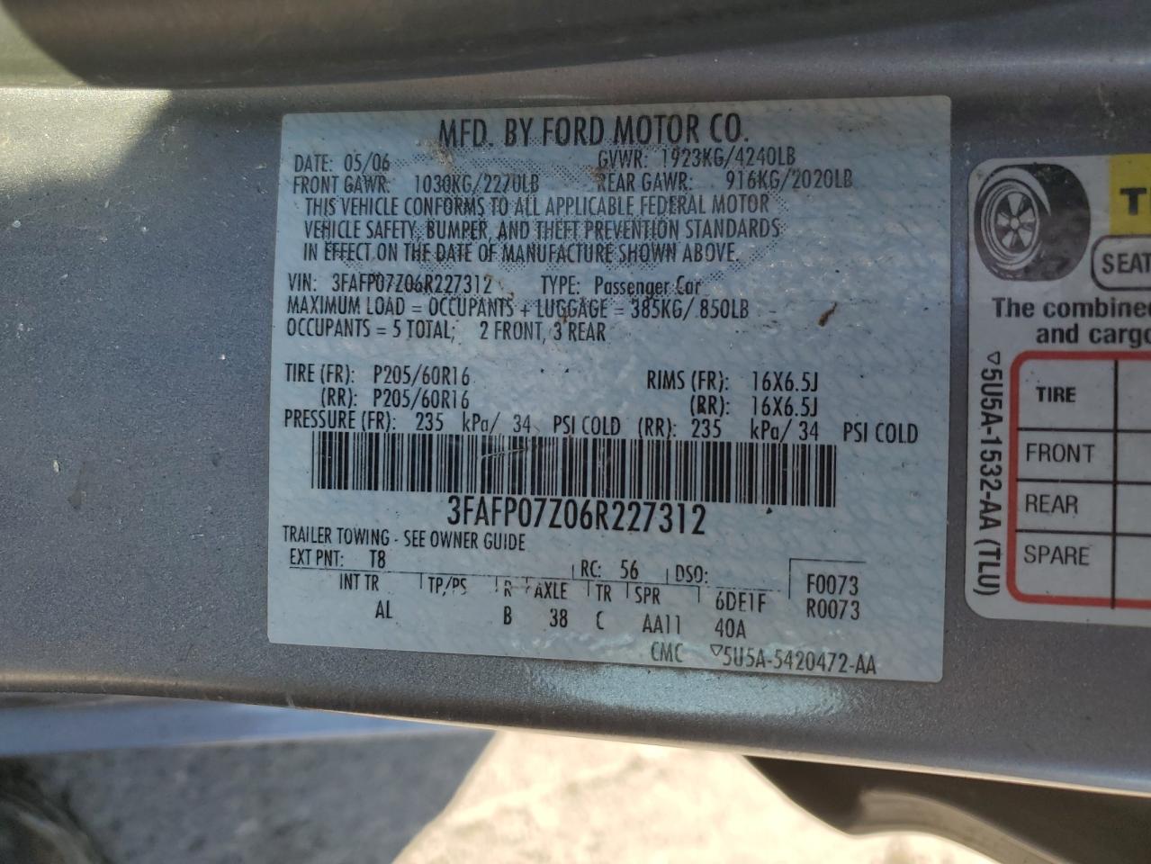 2006 Ford Fusion Se VIN: 3FAFP07Z06R227312 Lot: 80840625