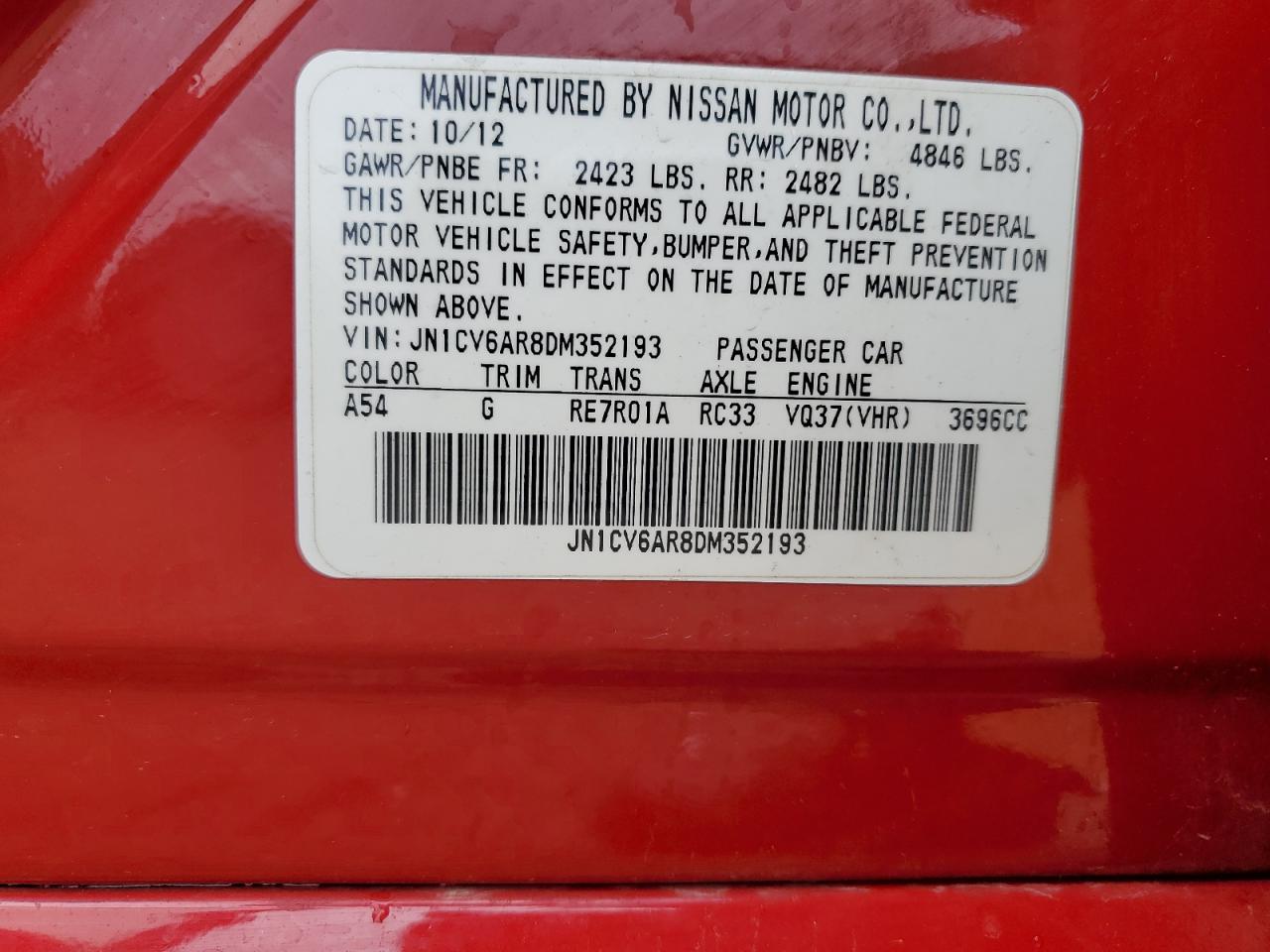 2013 Infiniti G37 VIN: JN1CV6AR8DM352193 Lot: 71099855