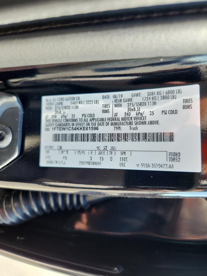 2019 Ford F150 Supercrew VIN: 1FTEW1C54KKE61596 Lot: 84455125