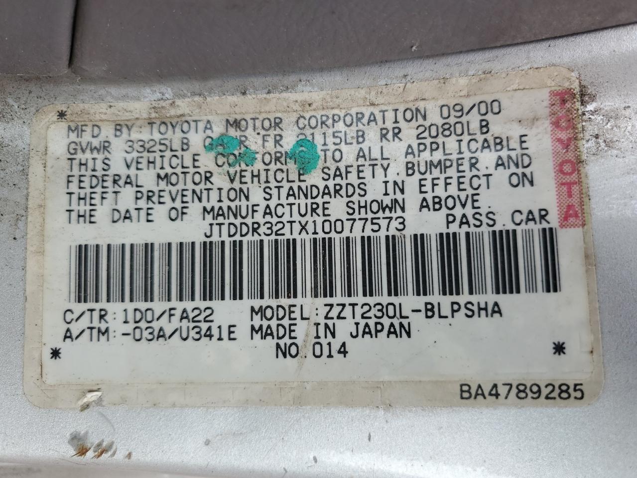 2001 Toyota Celica Gt VIN: JTDDR32TX10077573 Lot: 80070175