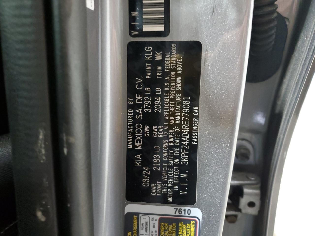 2024 Kia Forte Lx VIN: 3KPF24AD4RE779081 Lot: 84253225