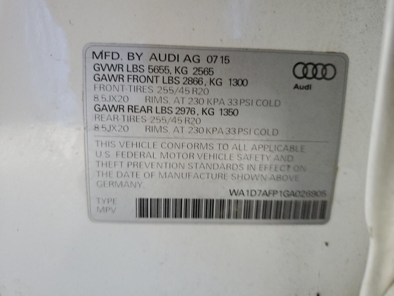 2016 Audi Q5 Premium Plus S-Line VIN: WA1D7AFP1GA026905 Lot: 81276295