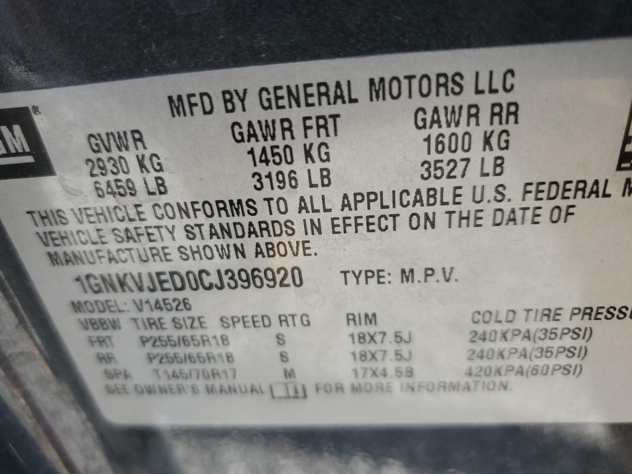 2012 Chevrolet Traverse Lt VIN: 1GNKVJED0CJ396920 Lot: 71879445