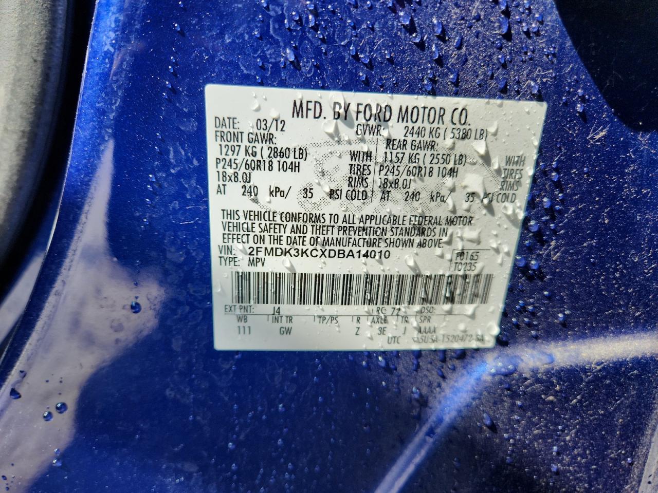 2013 Ford Edge Limited VIN: 2FMDK3KCXDBA14010 Lot: 71622015