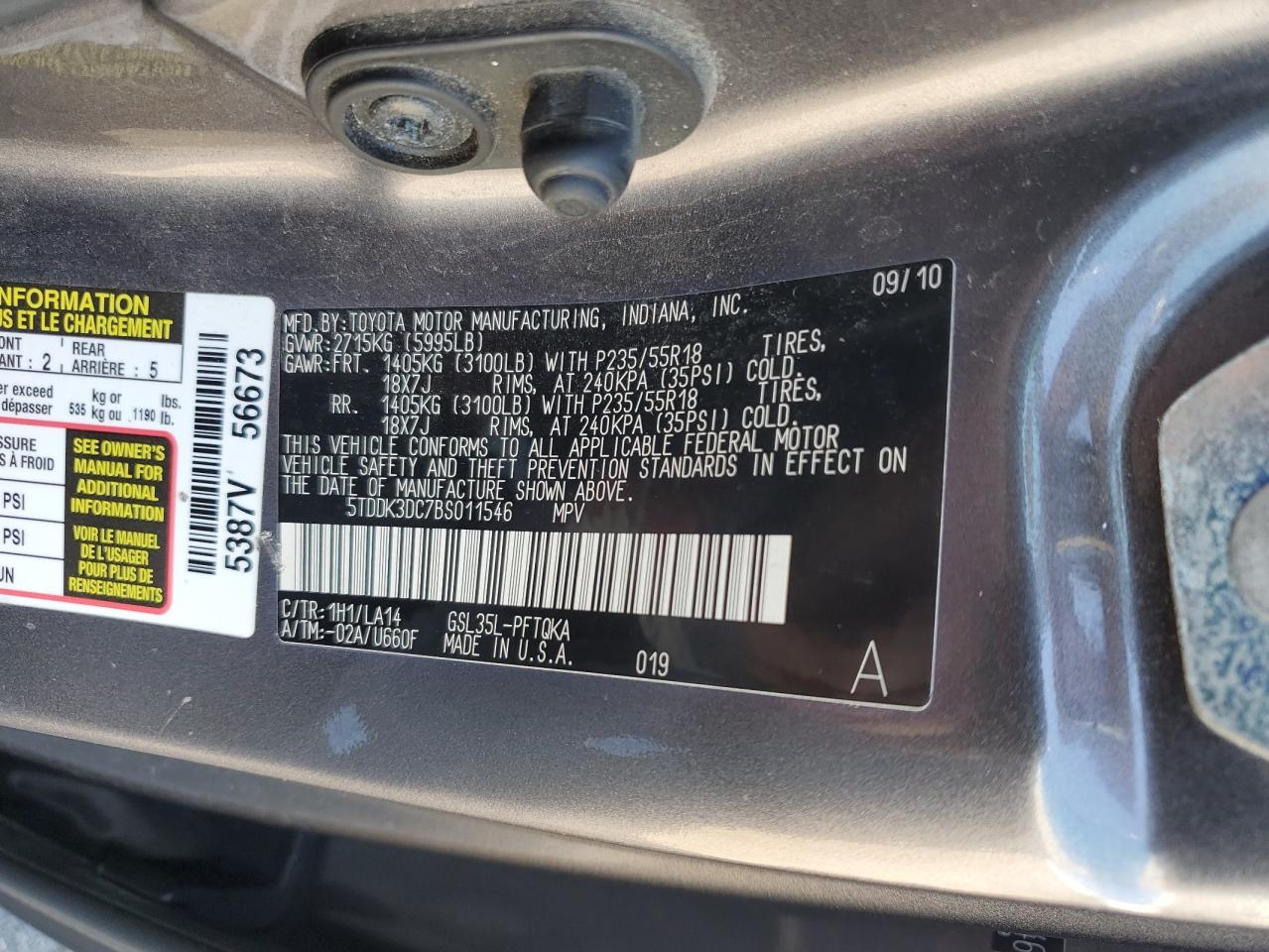 2011 Toyota Sienna Xle VIN: 5TDDK3DC7BS011546 Lot: 84568805