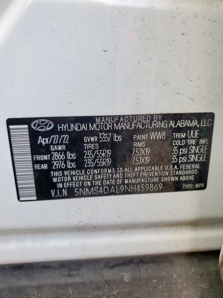 2022 Hyundai Santa Fe Limited VIN: 5NMS4DAL9NH459869 Lot: 80551075