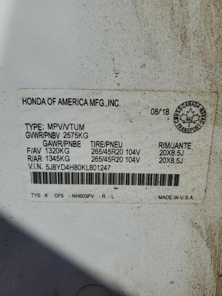 2019 Acura Mdx Advance VIN: 5J8YD4H80KL801247 Lot: 80255545