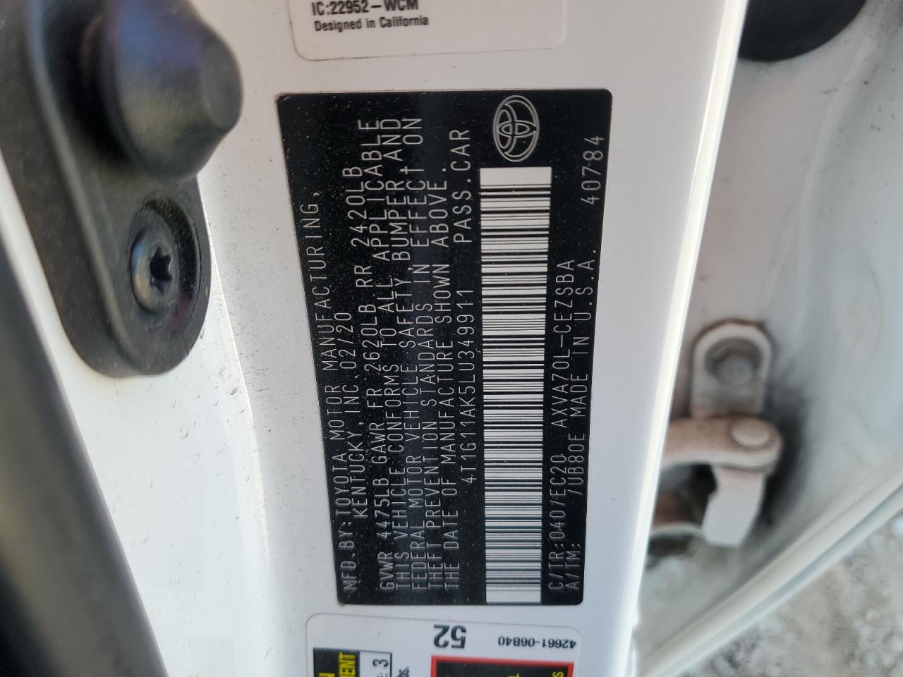 2020 Toyota Camry Se VIN: 4T1G11AK5LU349911 Lot: 81163585