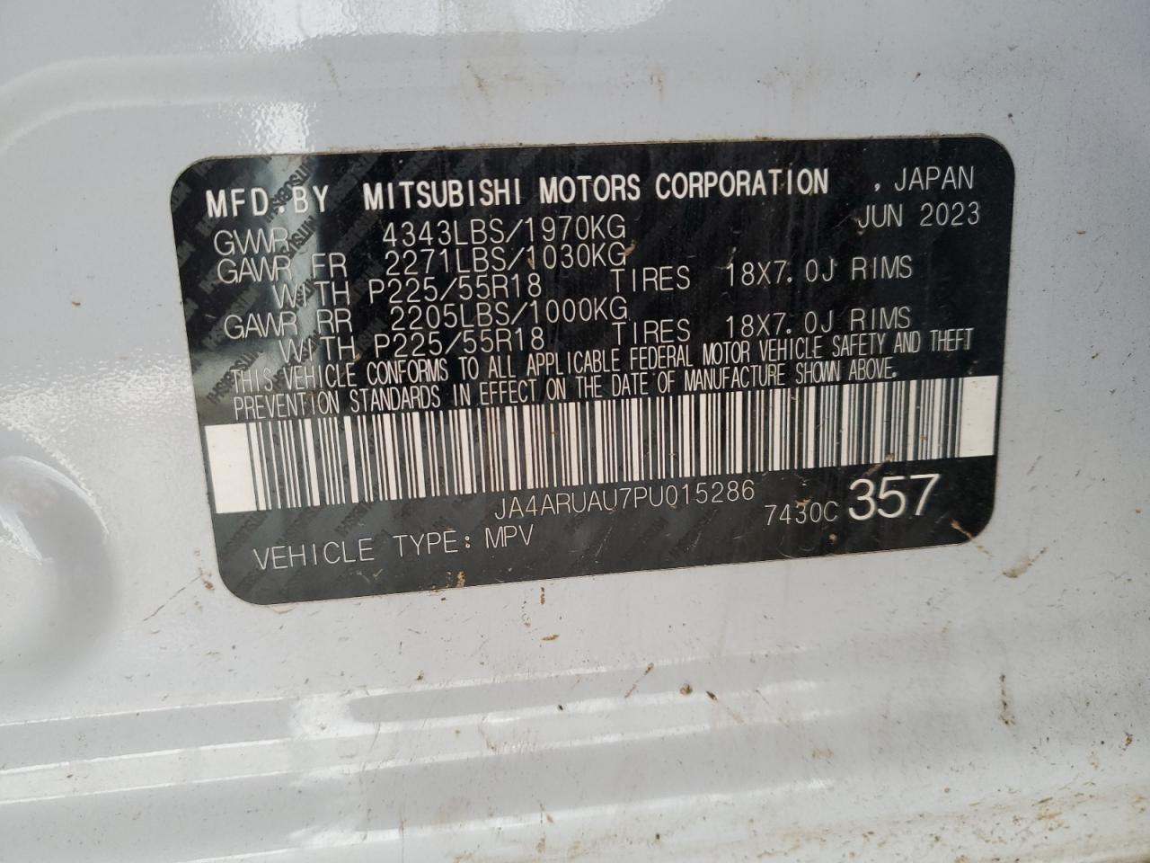 2023 Mitsubishi Outlander Sport S/Se VIN: JA4ARUAU7PU015286 Lot: 83959105