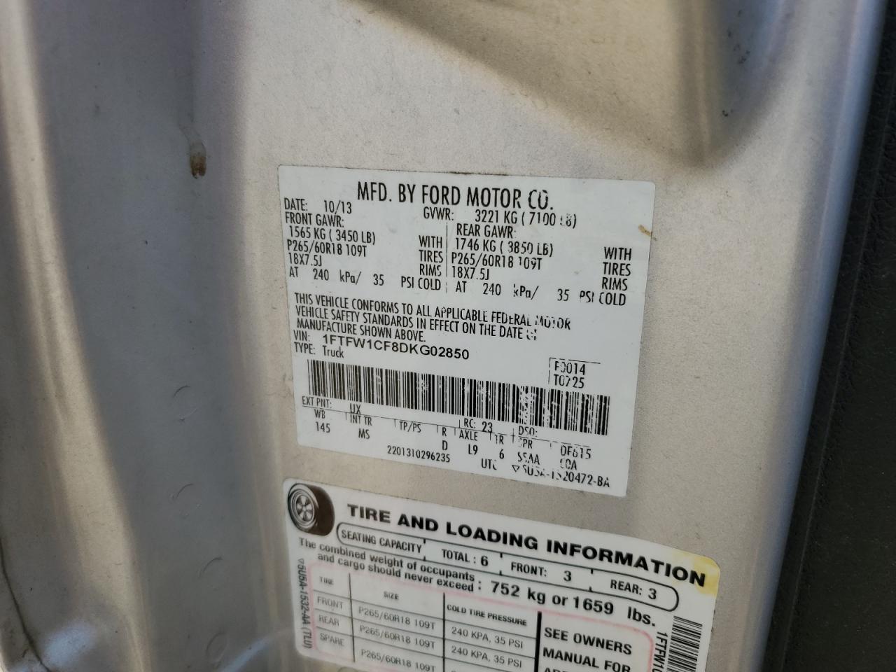 2013 Ford F150 Supercrew VIN: 1FTFW1CF8DKG02850 Lot: 70717355