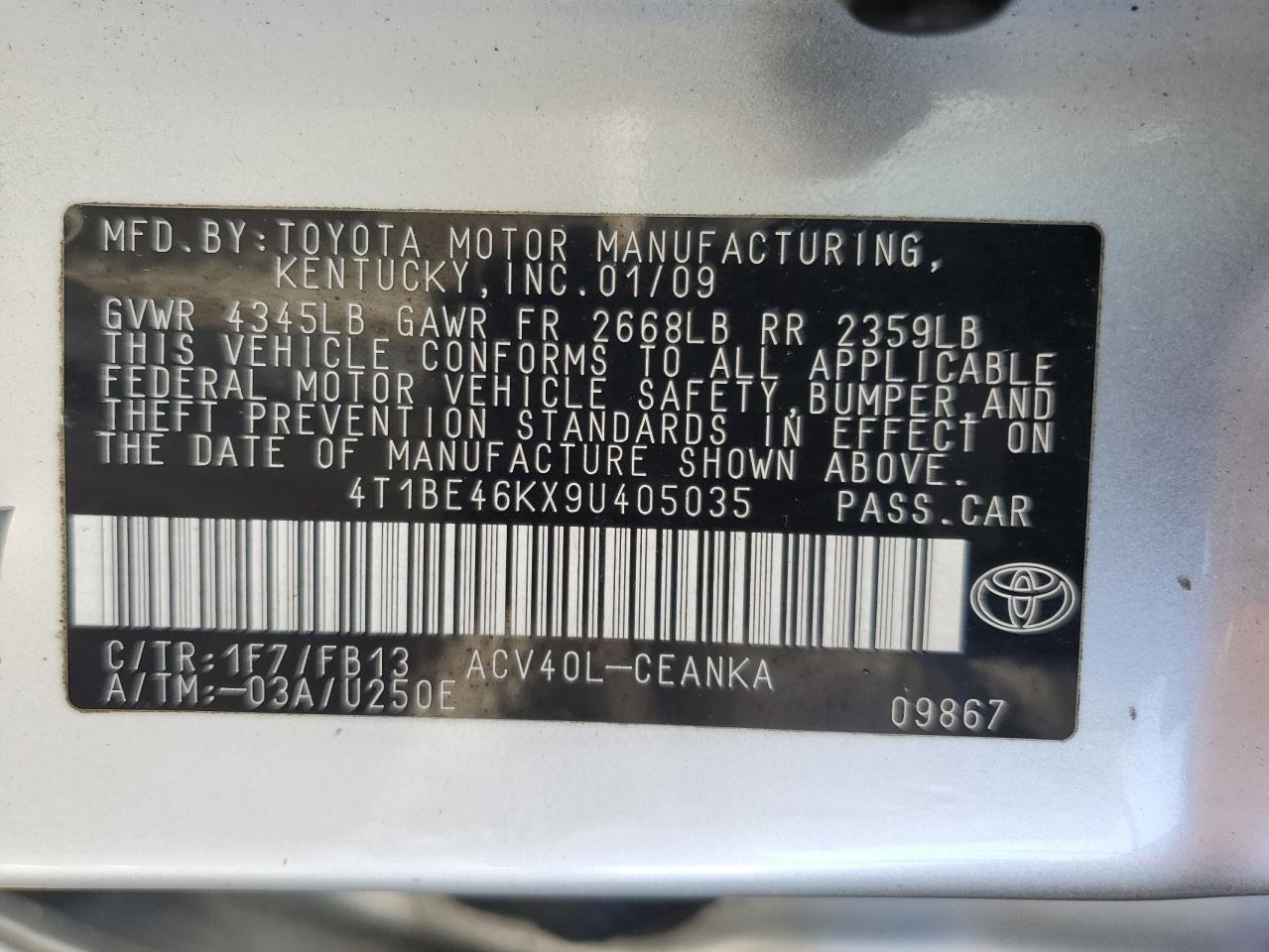 2009 Toyota Camry Base VIN: 4T1BE46KX9U405035 Lot: 71065725