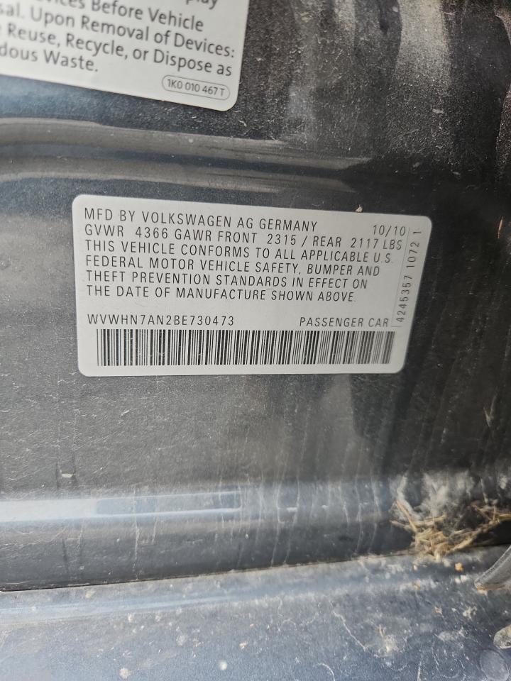 2011 Volkswagen Cc Luxury VIN: WVWHN7AN2BE730473 Lot: 81690725