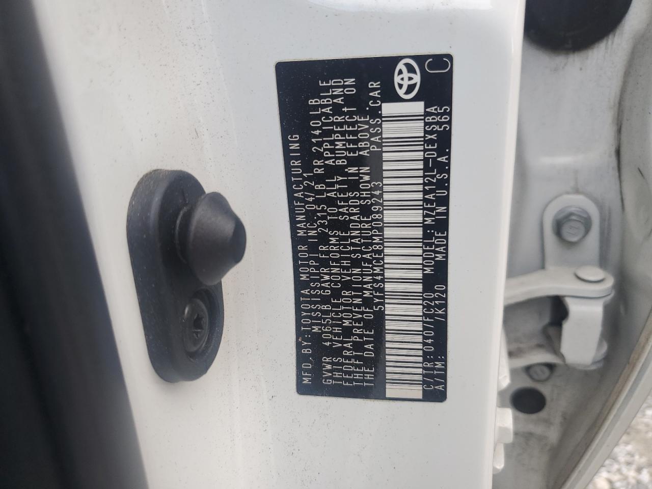 2021 Toyota Corolla Se VIN: 5YFS4MCE8MP089243 Lot: 84220215