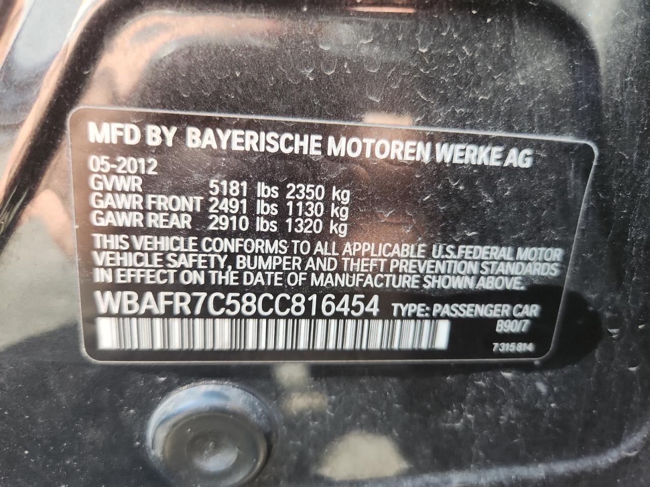 2012 BMW 535 I VIN: WBAFR7C58CC816454 Lot: 83868115