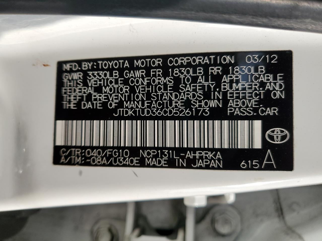 2012 Toyota Yaris VIN: JTDKTUD36CD526173 Lot: 81406315