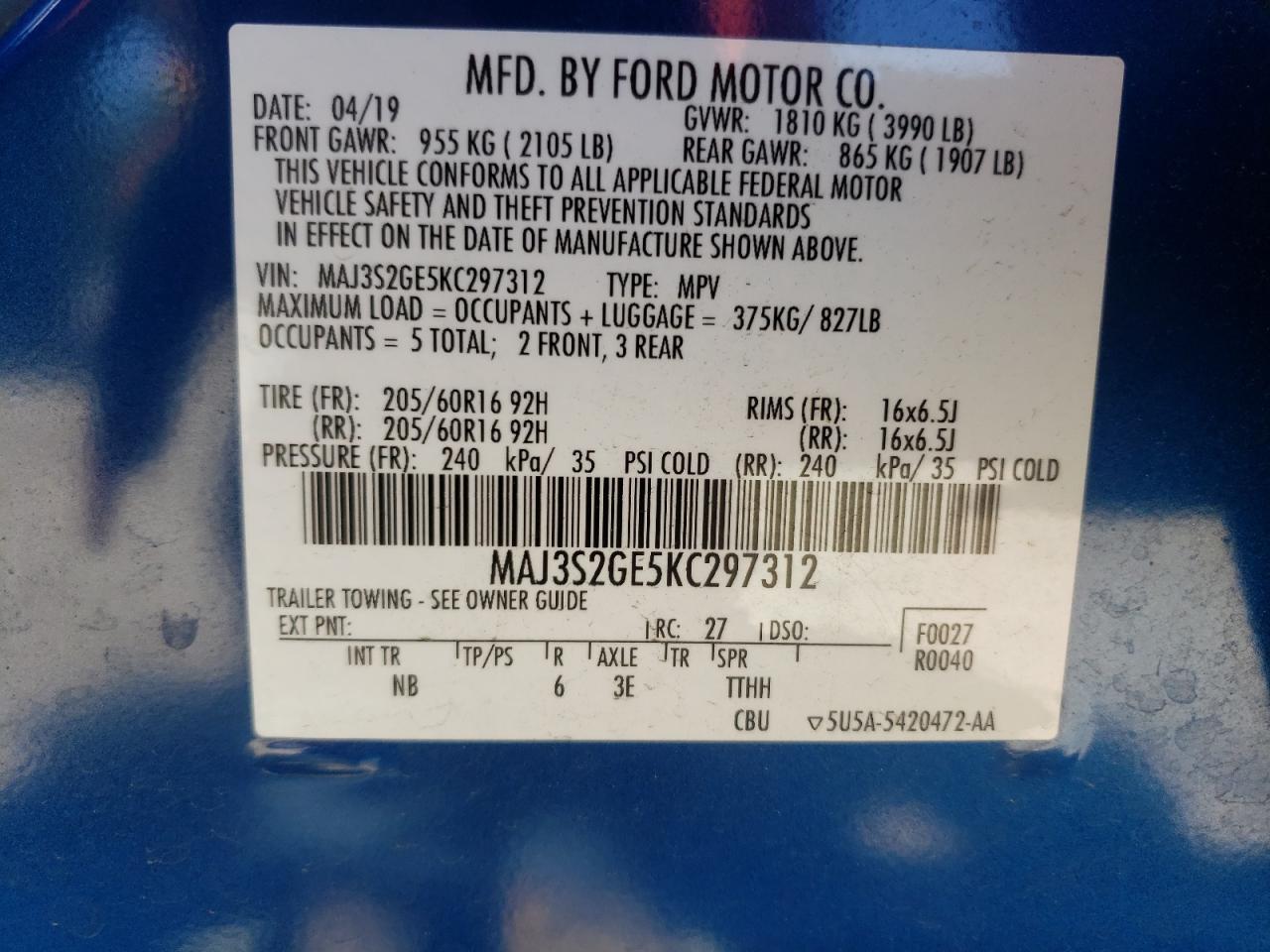 2019 Ford Ecosport Se VIN: MAJ3S2GE5KC297312 Lot: 71900815