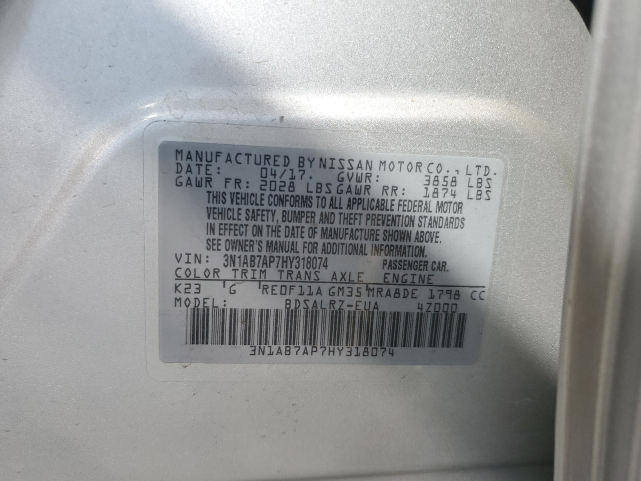 2017 Nissan Sentra S VIN: 3N1AB7AP7HY318074 Lot: 81750495