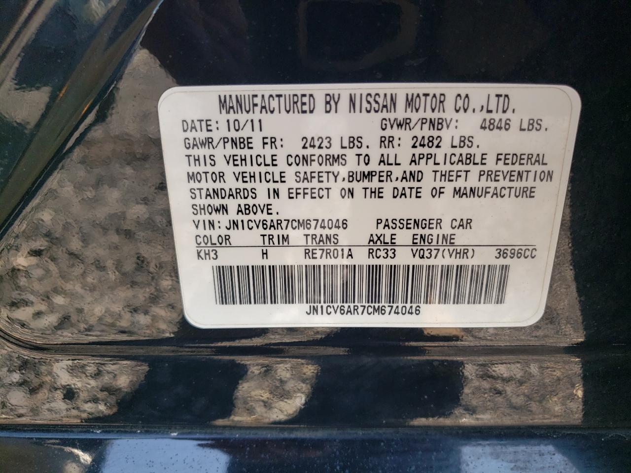 2012 Infiniti G37 VIN: JN1CV6AR7CM674046 Lot: 71877205