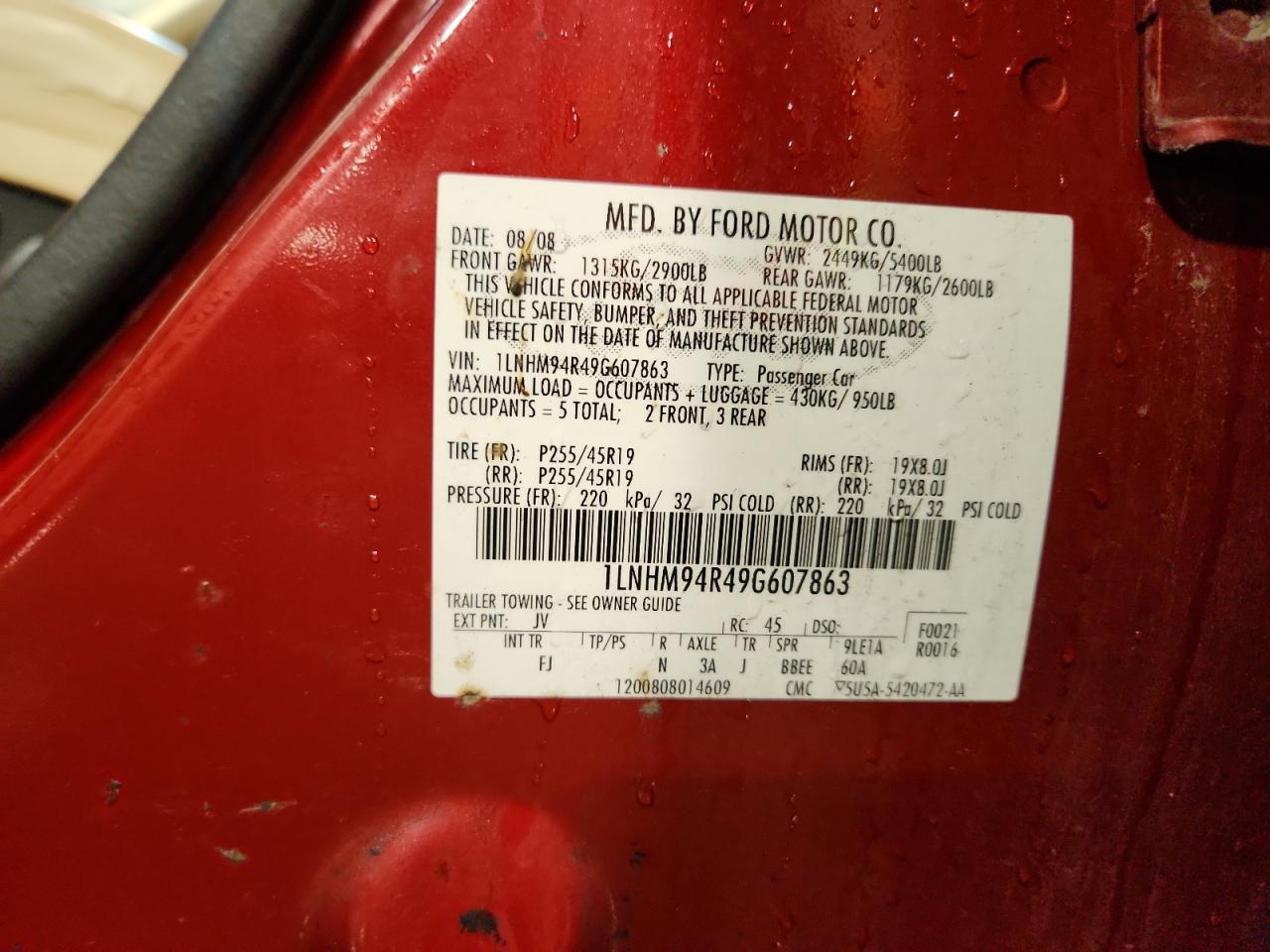 2009 Lincoln Mks VIN: 1LNHM94R49G607863 Lot: 83842435