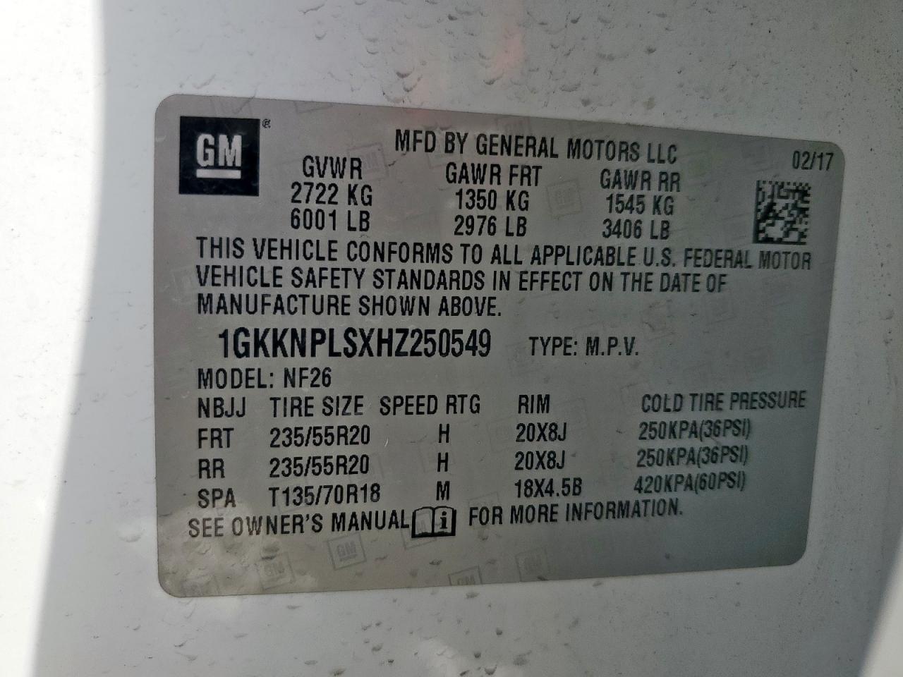 2017 GMC Acadia Denali VIN: 1GKKNPLSXHZ250549 Lot: 69990065