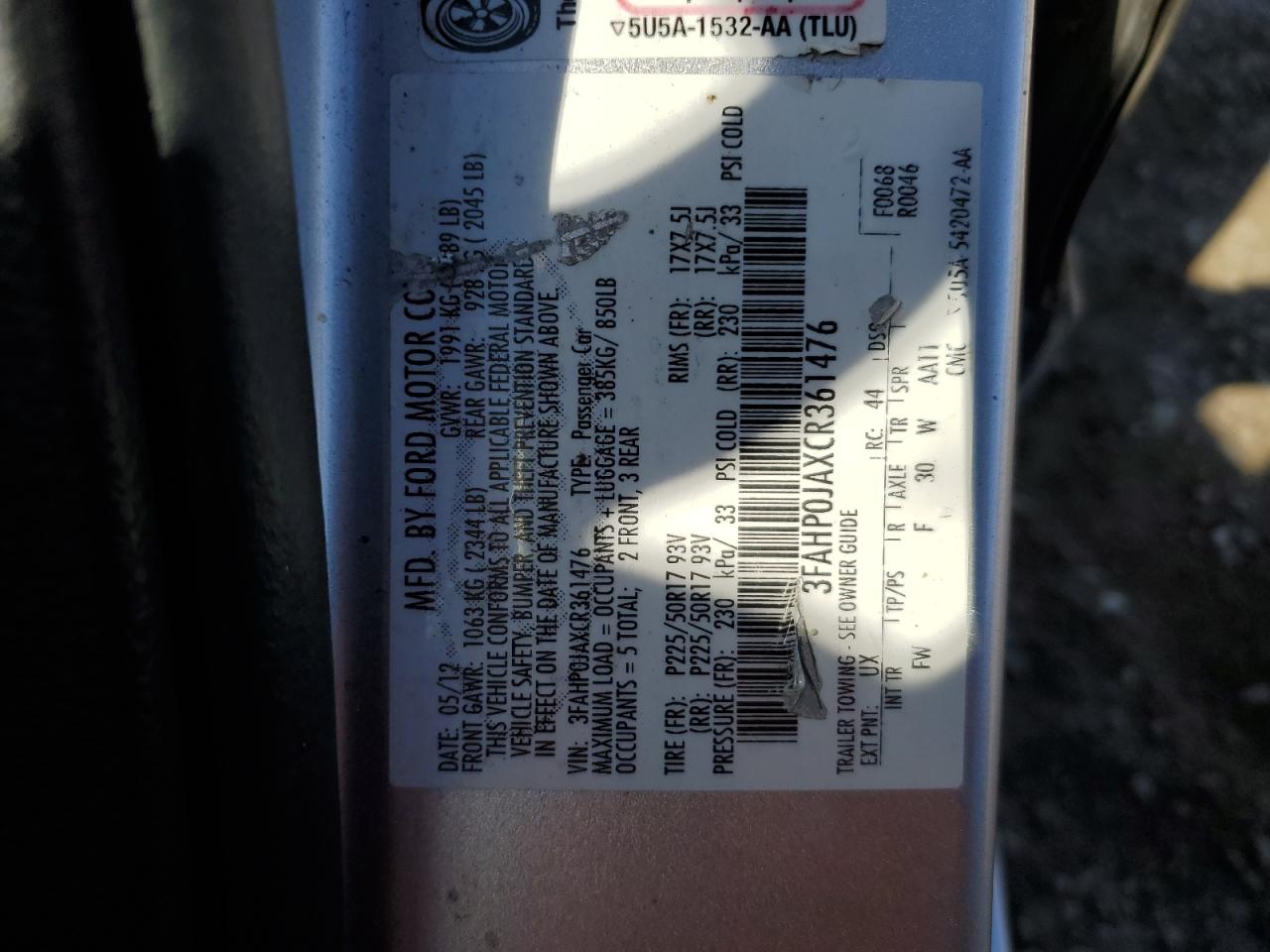 2012 Ford Fusion Sel VIN: 3FAHP0JAXCR361476 Lot: 80659325