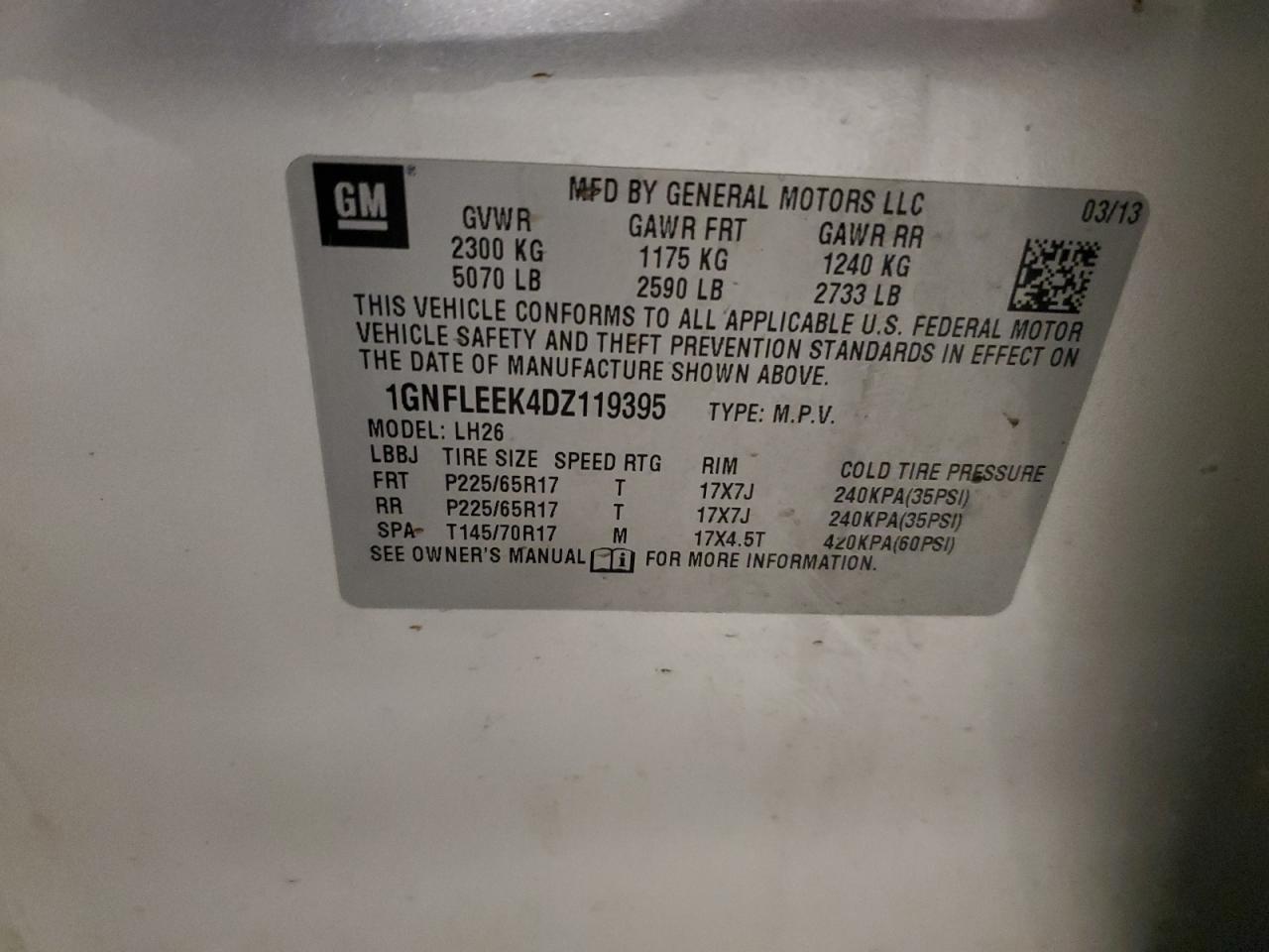 2013 Chevrolet Equinox Lt VIN: 1GNFLEEK4DZ119395 Lot: 81917645