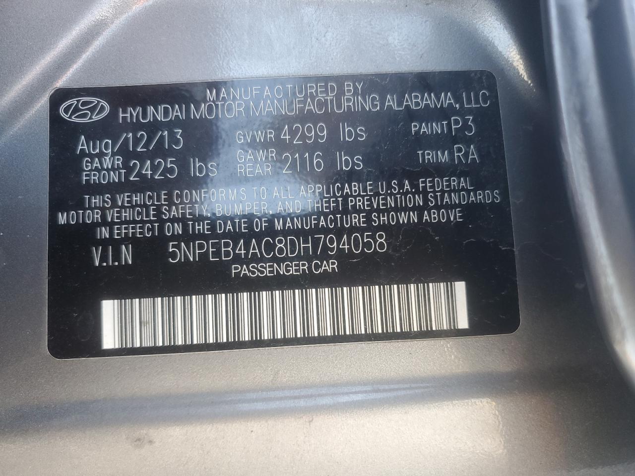 2013 Hyundai Sonata Gls VIN: 5NPEB4AC8DH794058 Lot: 71779775